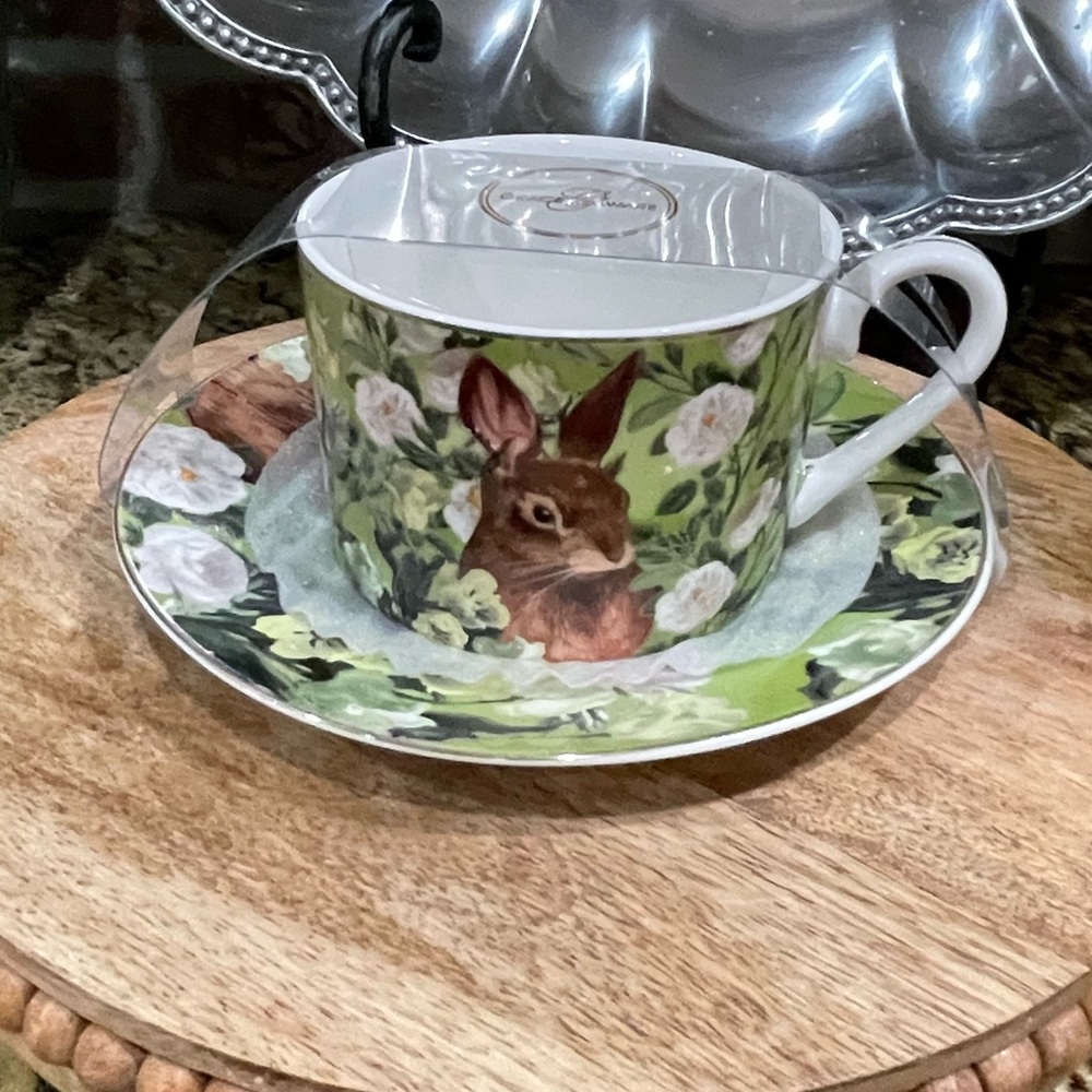 Grace Teaware teacup and saucer - fabulous green floral and rabbit design - NEW!